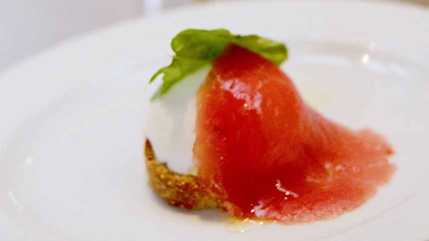 Pannacotta with beef carpaccio paired with tequila drink