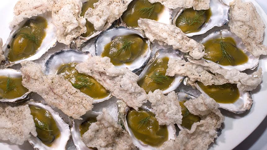 Oysters with cornichon jelly and herb cream